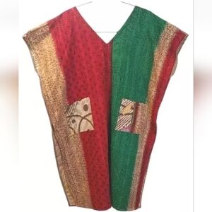 Kantha Patchwork Kimono Tunic Poncho Top Colorful  Patch Pockets Woman One Sz #A